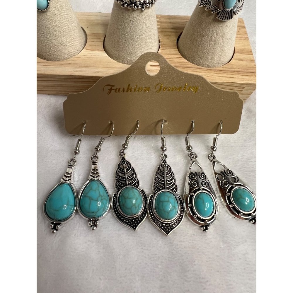 Ladies BOHO Turquoise Earring and Ring Set of 6 - Picture 2 of 4